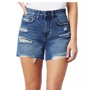 Distressed High Rise Stiletto Shorts
